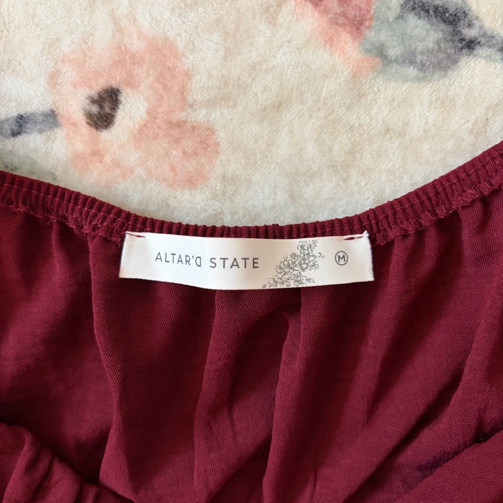 Altar’d State Women’s Burgundy Peplum Long-Sleeve Top - Picture 2 of 8